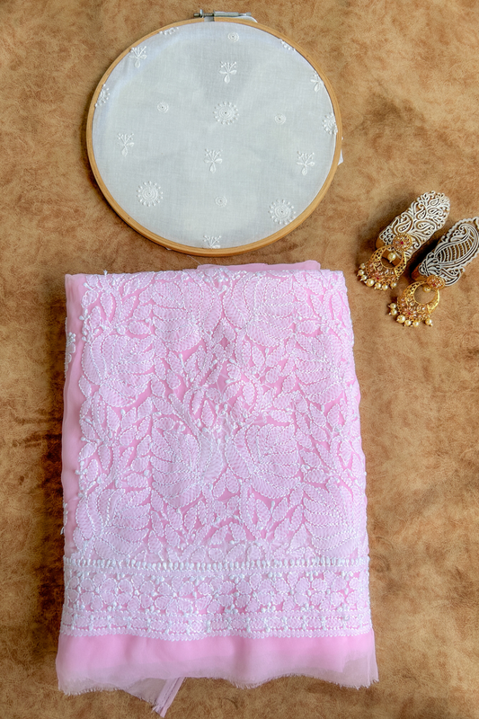 Arsh Handcrafted Pink Georgette Unstitched Chikankari 3pc Suit