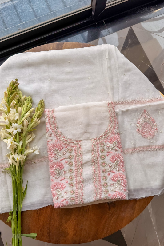 Arsh Handcrafted Mul Chanderi Unstitched Chikankari Kurti and Dupatta set - arshchikan