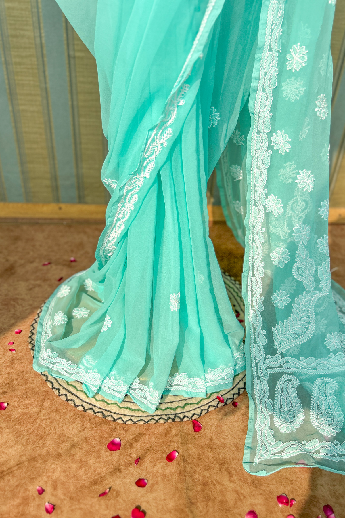 Arsh Handcrafted Semi Georgette Heavy Palla Turquoise Chikan Embroidered Saree - arshchikan