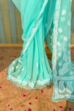 Arsh Handcrafted Semi Georgette Heavy Palla Turquoise Chikan Embroidered Saree - arshchikan