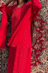 Arsh Handcrafted Kurta, Dupatta and Plazzo Set dyed in Red Colour