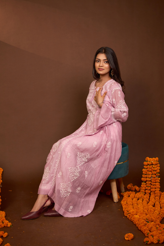 Arsh Handcrafted Mul Chanderi chikankari Gown