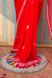 Arsh Handcrafted Semi Georgette Heavy Palla Red Chikan Embroidered Saree