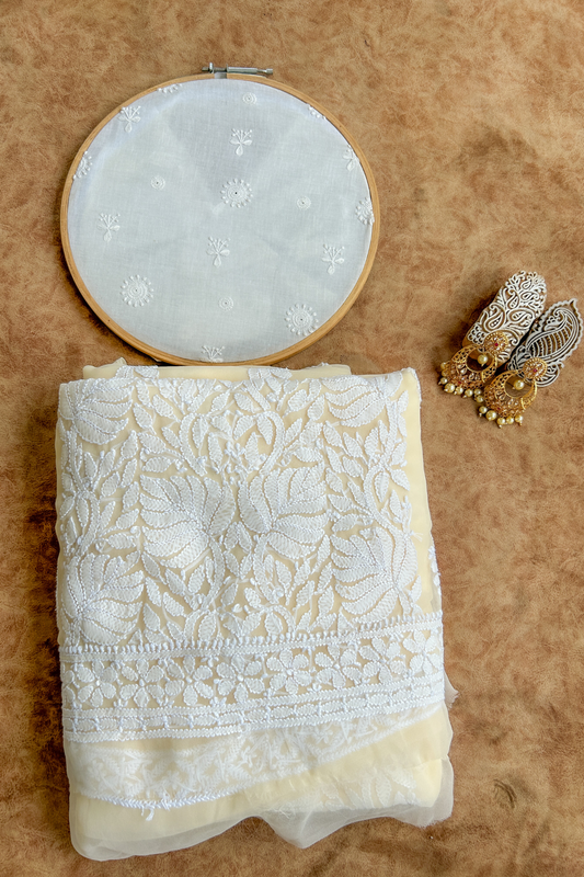 Arsh Handcrafted Beige Georgette Chikankari 3pc Suit Set