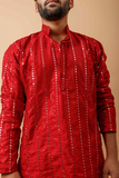 Arsh Maroon Red All Over Embroidered With Mirror Work Men's Kurta - arshchikan