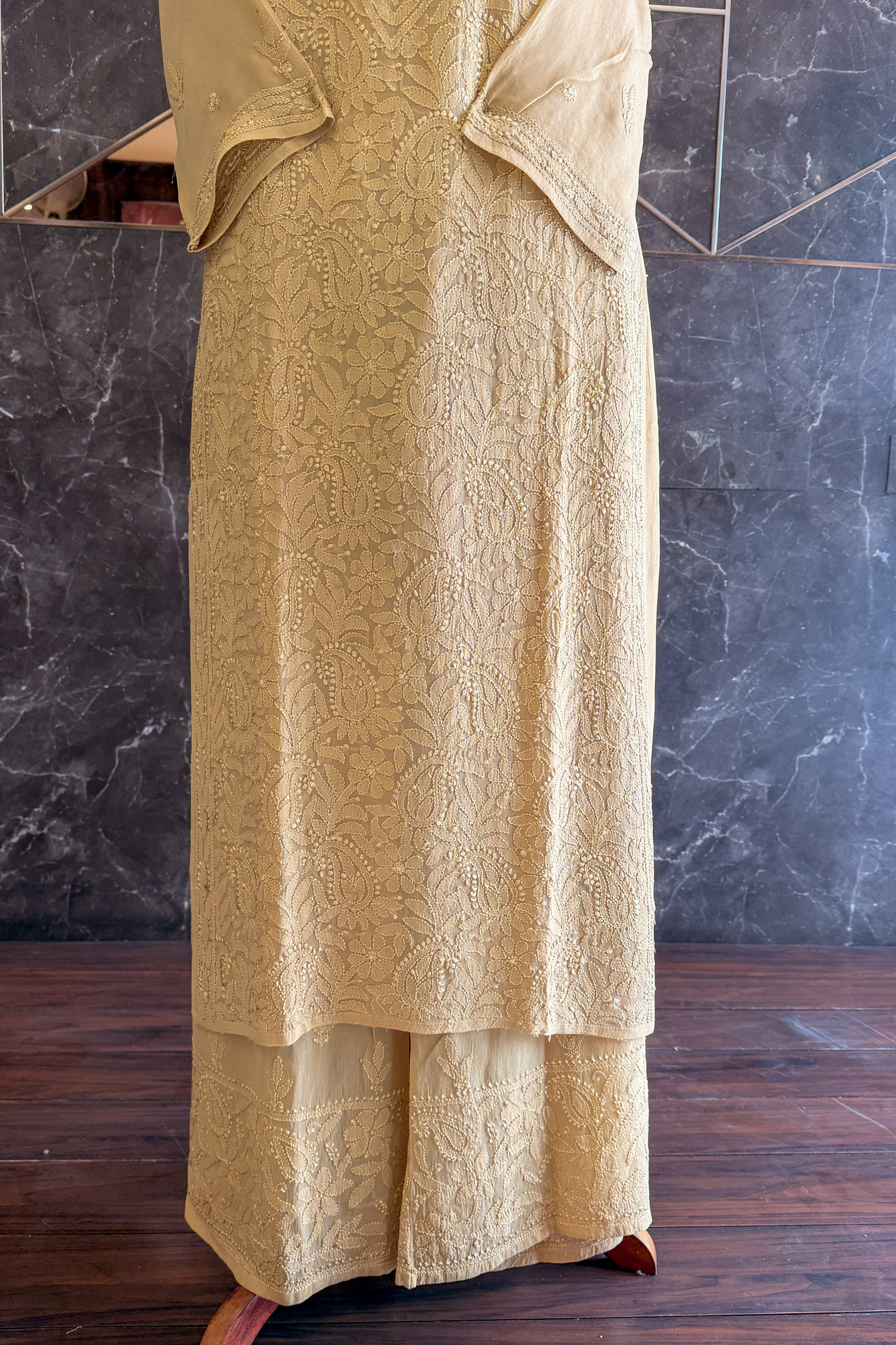 Arsh Handcrafted Kurta, Dupatta and Plazzo Set dyed in Beige Colour - arshchikan