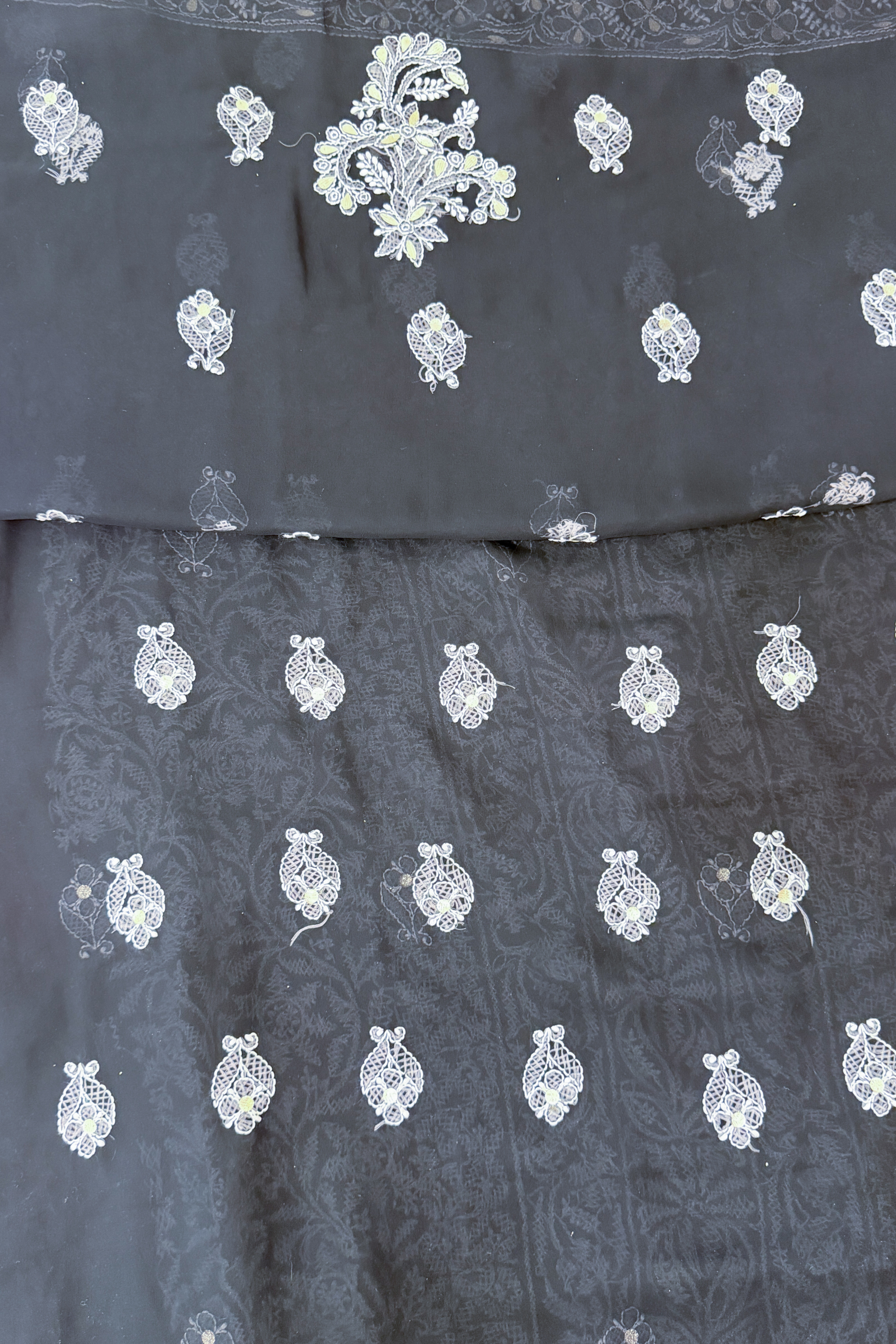 Arsh Handcrafted Black Semi Georgette Unstitched Gota Patti Chikankari 3pc Suit - arshchikan