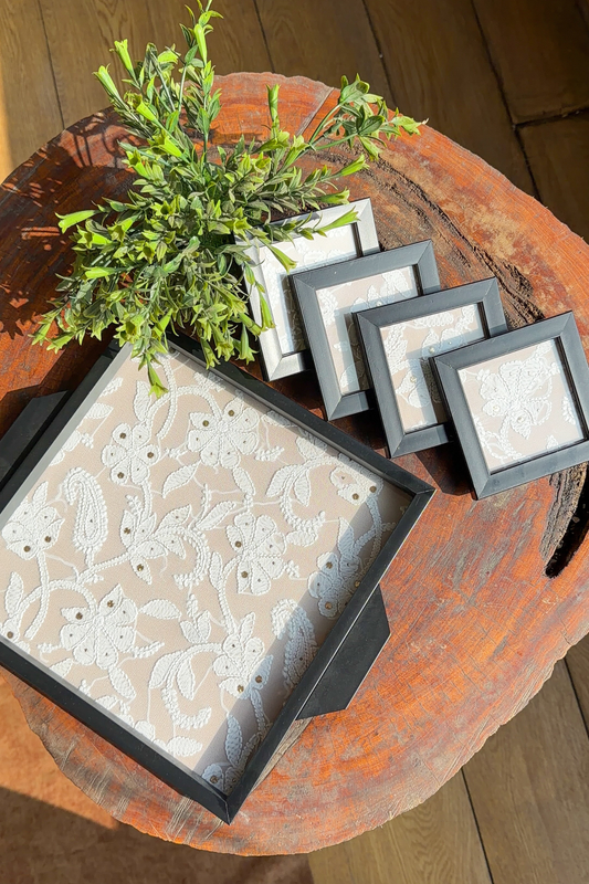 Arsh Hand Embroidered Chikankari Tray & Coaster Set