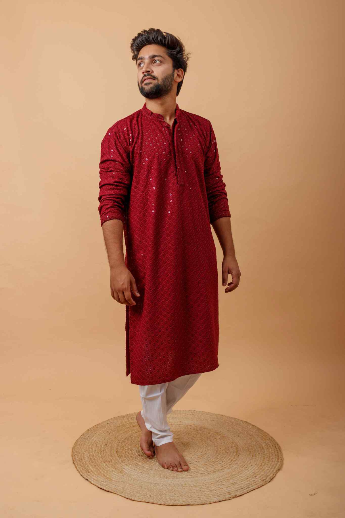 Arsh Maroon All Over Embroidered With Sequins Men's Kurta - arshchikan