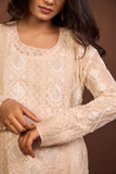 Arsh Handcrafted Mul Chanderi Beige Kurti and Dupatta Semi Stitched Set