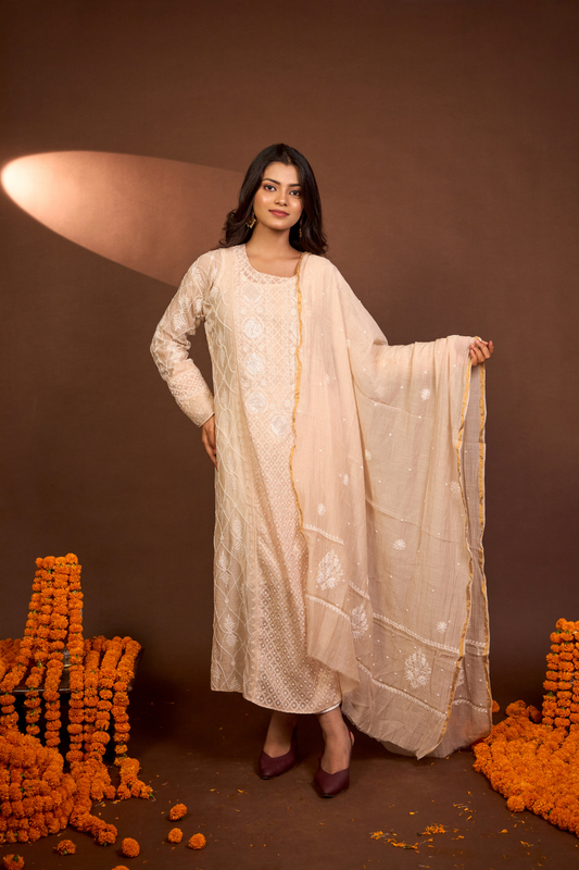 Arsh Handcrafted Mul Chanderi Beige Kurti and Dupatta Semi Stitched Set