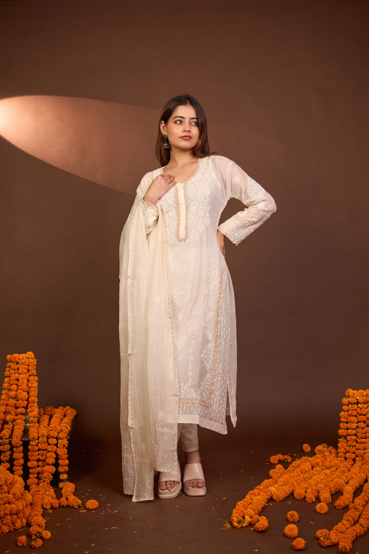 Arsh Crafted Mul Chanderi Kurti and Dupatta Semi Stitched Pakistani Set
