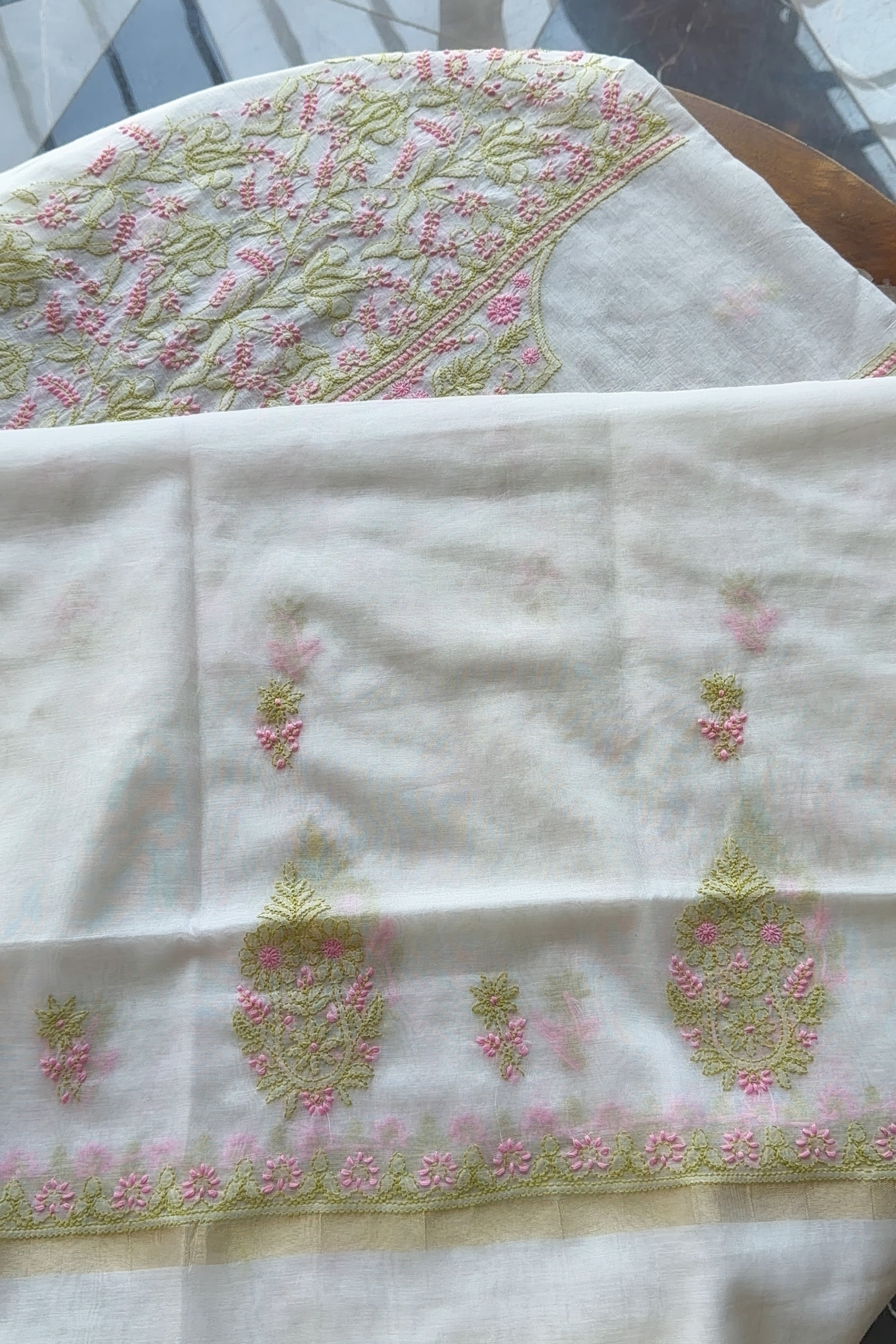 Arsh Handcrafted Mul Chanderi Unstitched Chikankari Kurti and Dupatta set - arshchikan