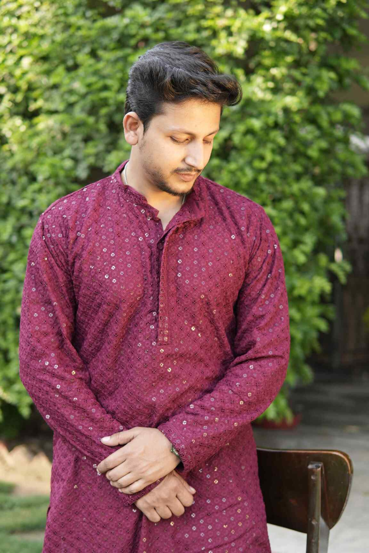 Arsh Maroon All Over Embroidered With Sequins Men's Kurta - arshchikan