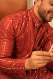 Arsh Maroon Red All Over Embroidered With Mirror Work Men's Kurta - arshchikan