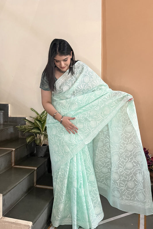 Arsh Handcrafted Georgette All Over Chikan Tepchi Embroidered Saree