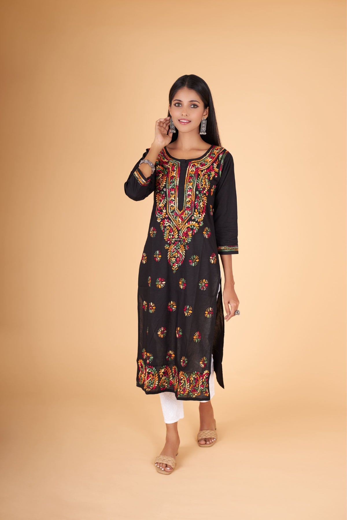 Arsh Handcrafted Multi on Black Pure Cotton Kurti - arshchikan