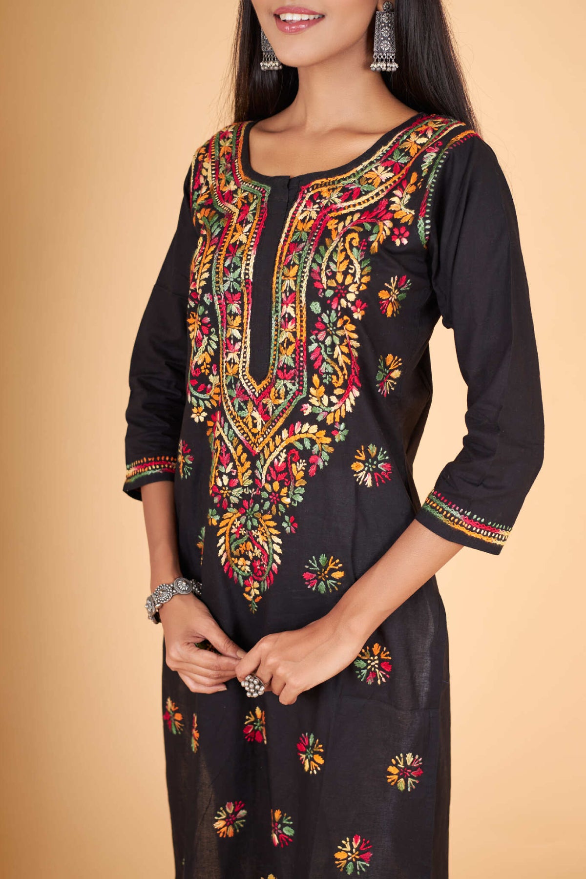 Arsh Handcrafted Multi on Black Pure Cotton Kurti - arshchikan