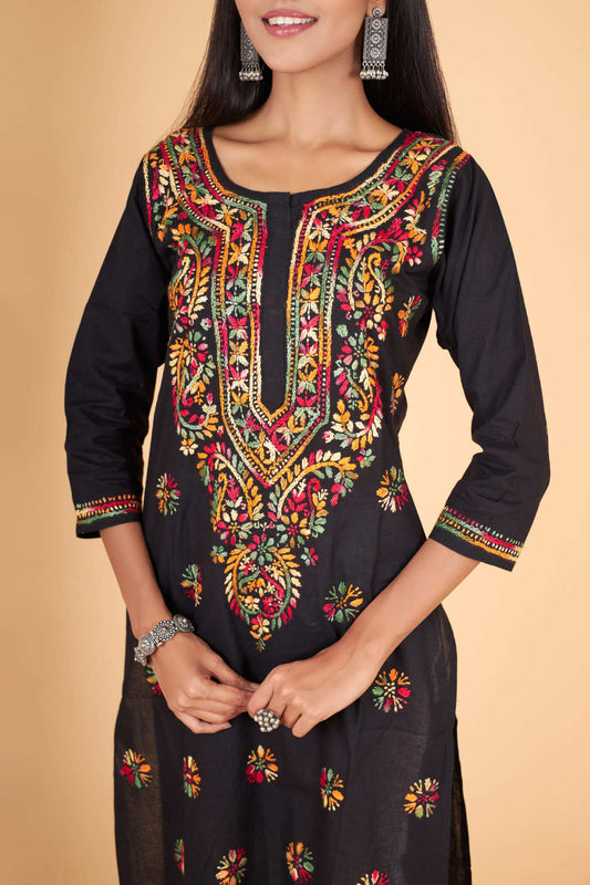 Arsh Handcrafted Multi on Black Pure Cotton Kurti - arshchikan