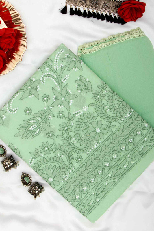 Arsh Handcrafted Olive Green Cotton Unstitched Chikankari 3pc Suit - arshchikan