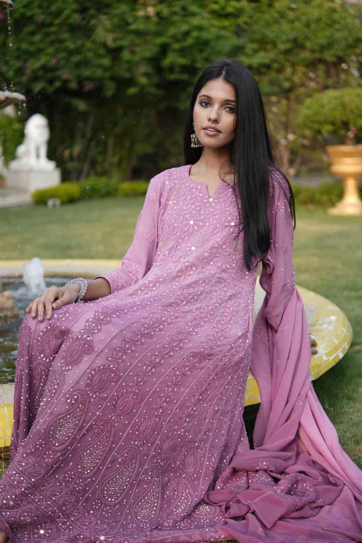 Arsh Handcrafted Pure Viscose Georgette Semi Stitched Yog Neck Anarkali Dupatta Set - arshchikan