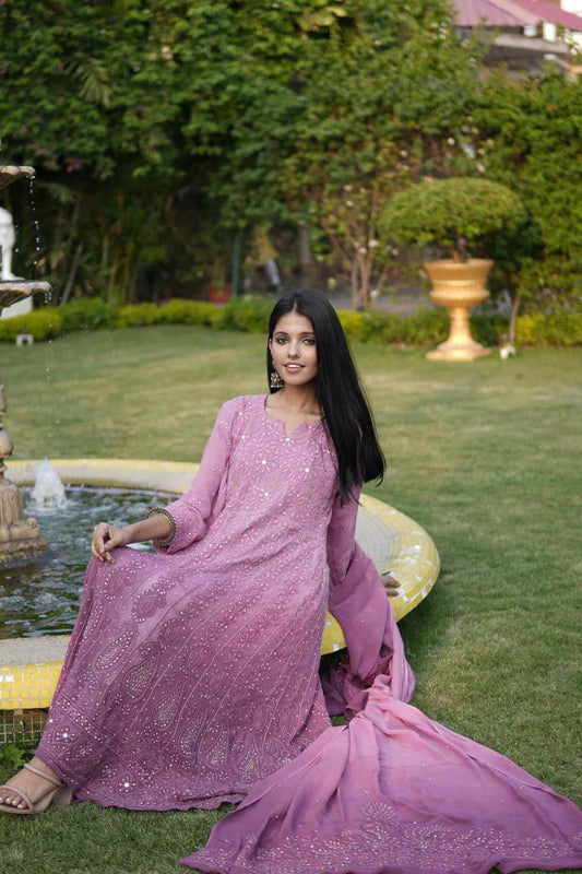 Arsh Handcrafted Pure Viscose Georgette Semi Stitched Yog Neck Anarkali Dupatta Set - arshchikan