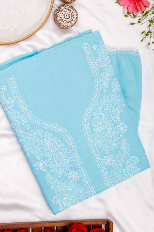 Arsh Handcrafted Sky Blue Cotton Unstitched Chikankari 3pc Suit Set - arshchikan