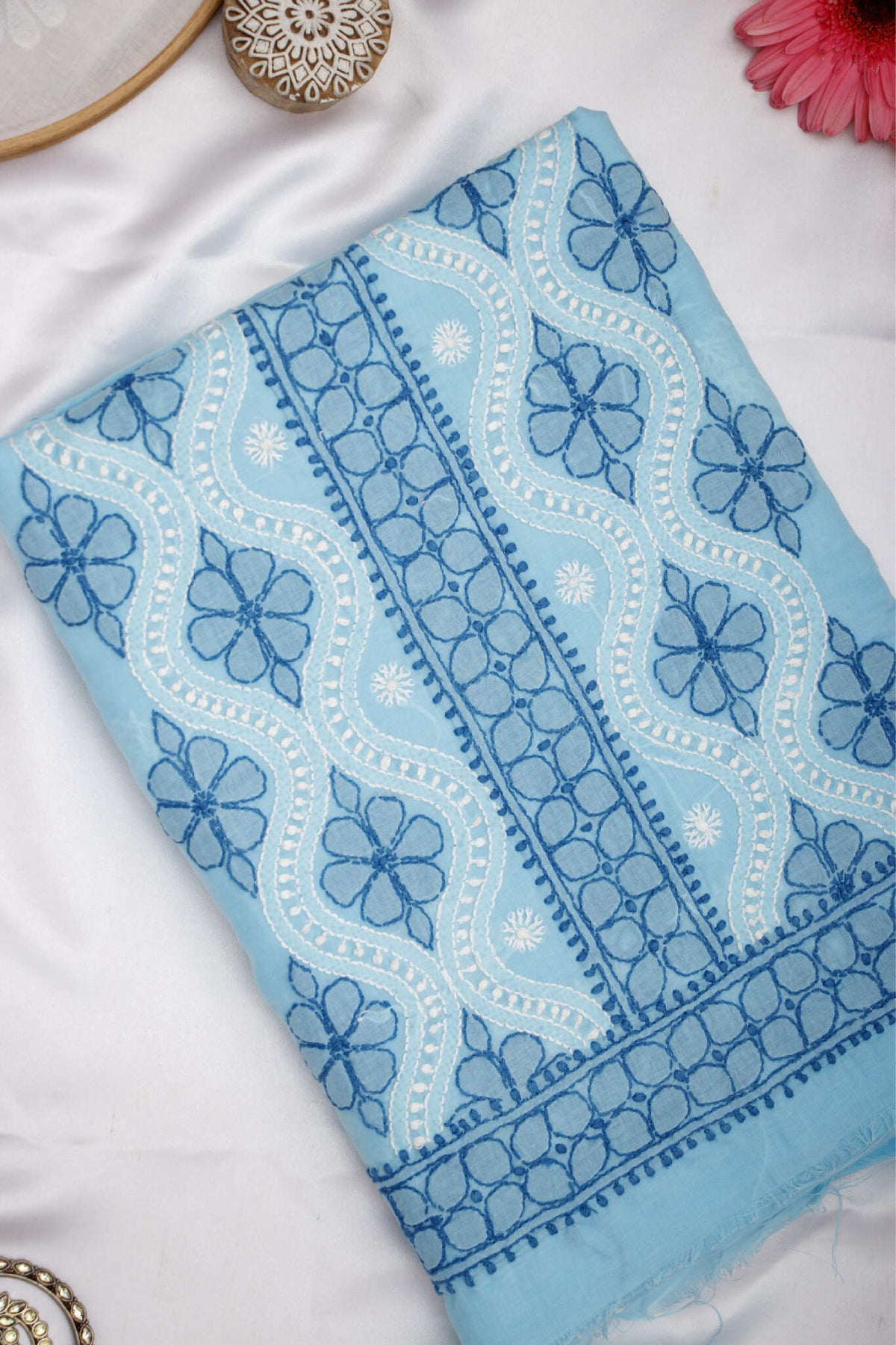 Arsh Handcrafted Sky Blue Cotton Unstitched 3pc Suit - arshchikan