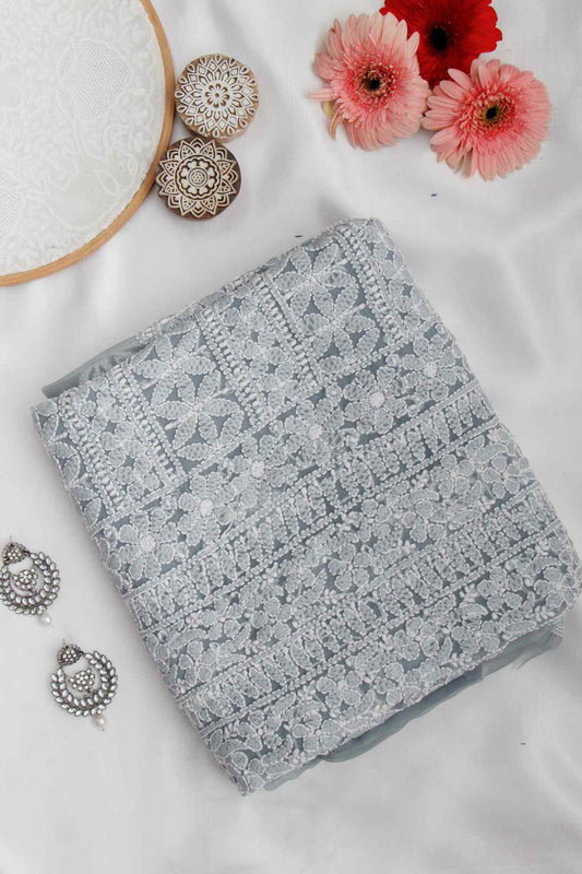 Arsh Handcrafted Steel Grey Georgette Unstitched Chikankari 3pc Suit
