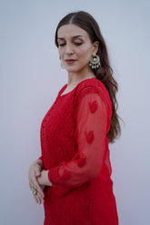 Arsh Handcrafted Red Semi Georgette Chikan Kurti - arshchikan
