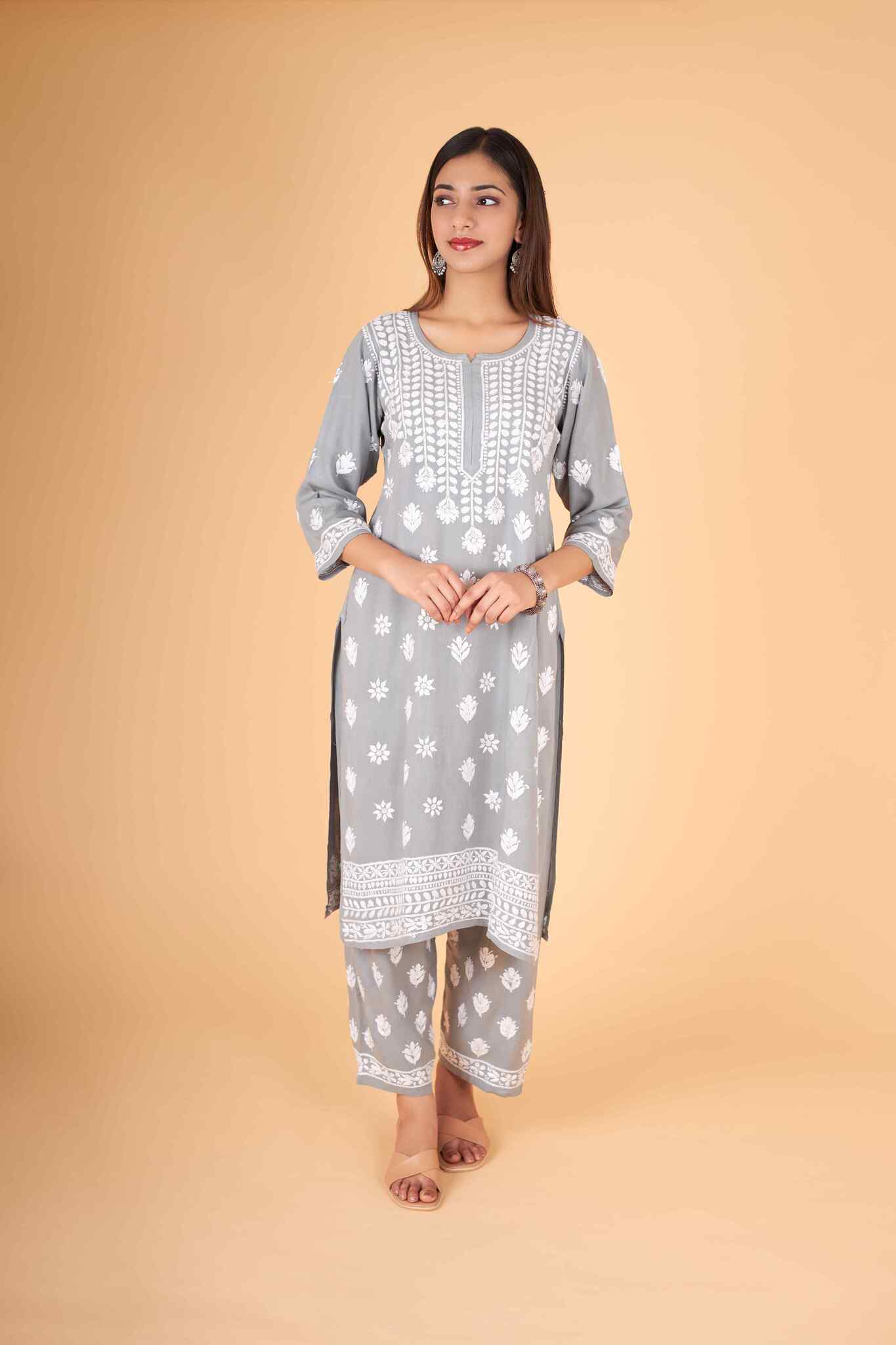 Arsh Handcrafted Kurti And Plazzo 2 pc Chikankari Set in Steel Grey Colour - arshchikan