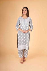 Arsh Handcrafted Kurti And Plazzo 2 pc Chikankari Set in Steel Grey Colour - arshchikan