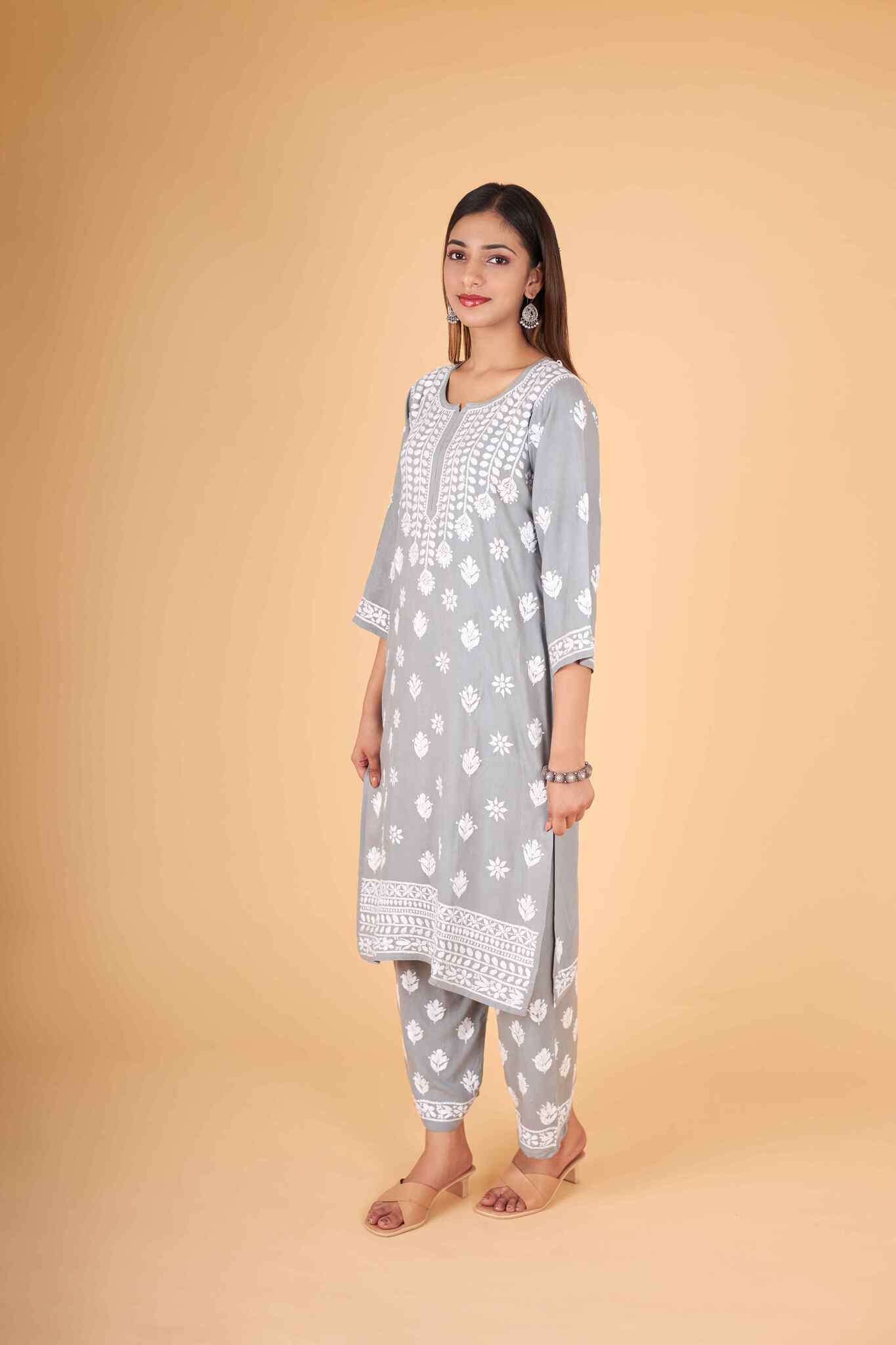 Arsh Handcrafted Kurti And Plazzo 2 pc Chikankari Set in Steel Grey Colour - arshchikan