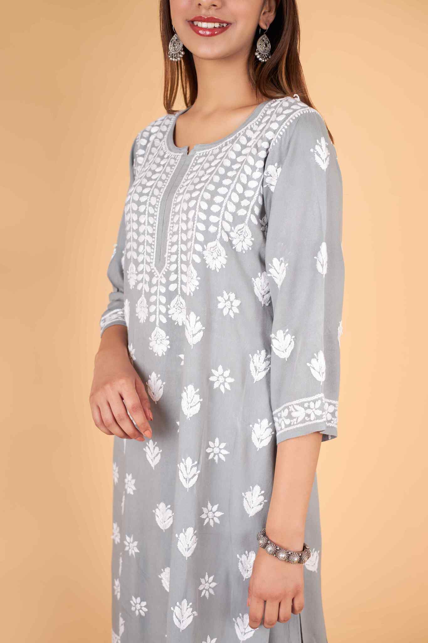 Arsh Handcrafted Kurti And Plazzo 2 pc Chikankari Set in Steel Grey Colour - arshchikan