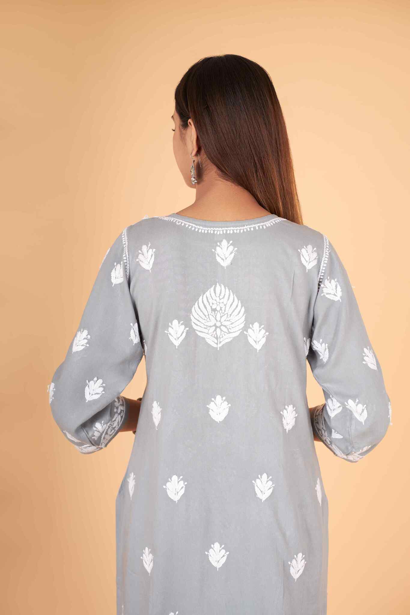 Arsh Handcrafted Kurti And Plazzo 2 pc Chikankari Set in Steel Grey Colour - arshchikan