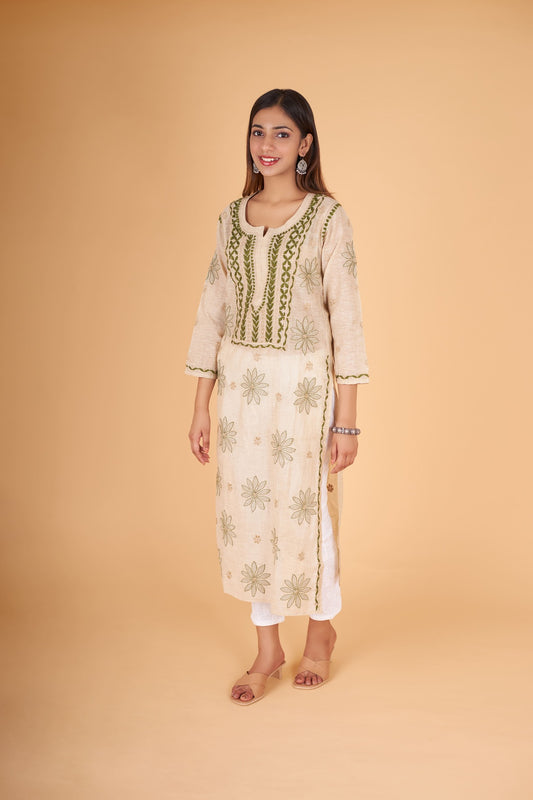 Arsh Handcrafted Gala Boota Khadi Cotton Kurti - arshchikan