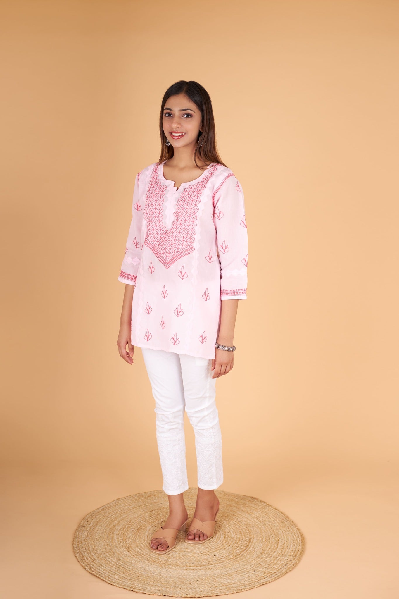 Arsh Handcrafted Pink Pure Cotton Short Top - arshchikan
