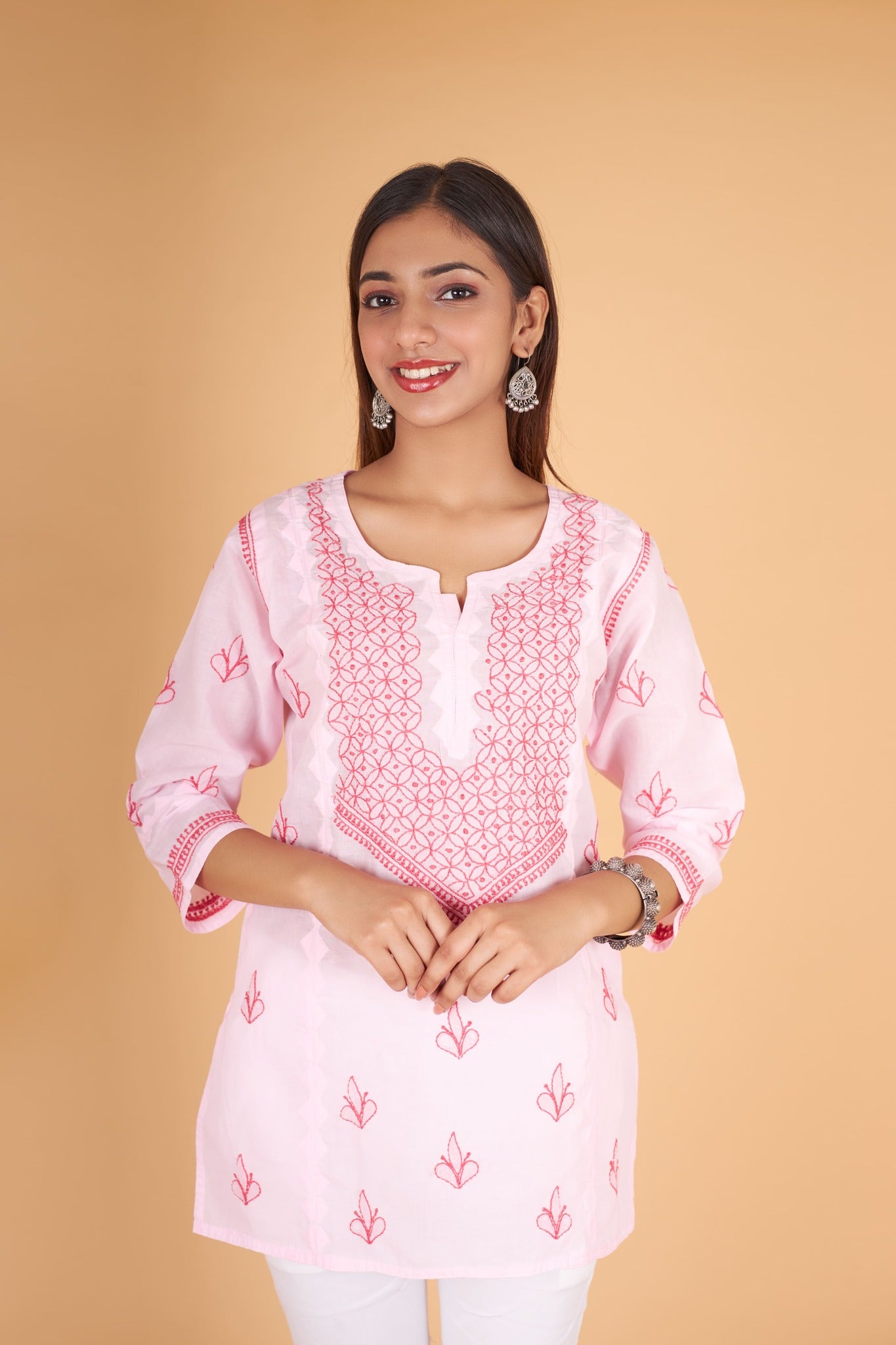 Arsh Handcrafted Pink Pure Cotton Short Top - arshchikan