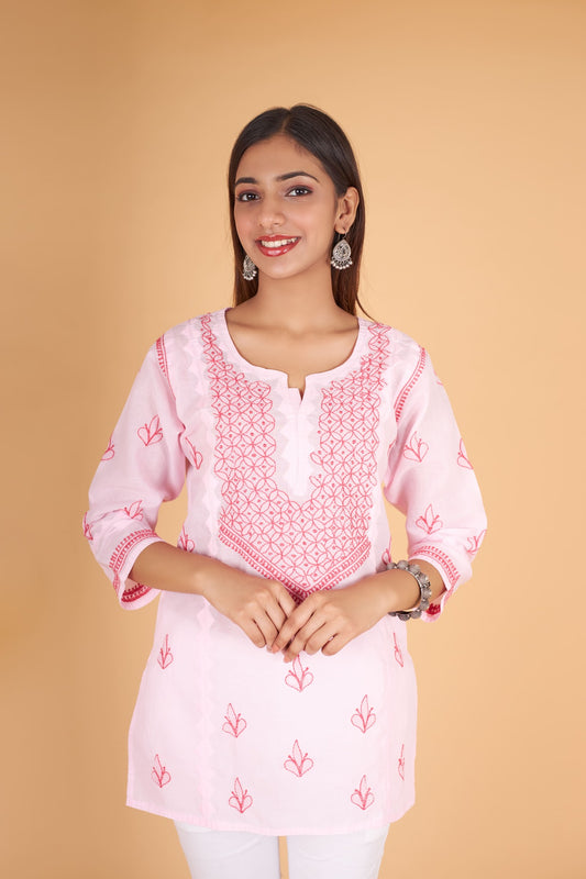 Arsh Handcrafted Pink Pure Cotton Short Top - arshchikan