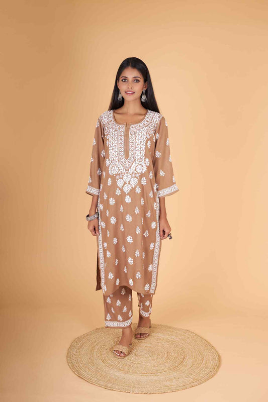 Arsh Handcrafted Kurti And Plazzo 2 pc Chikankari Set in Brown Colour - arshchikan
