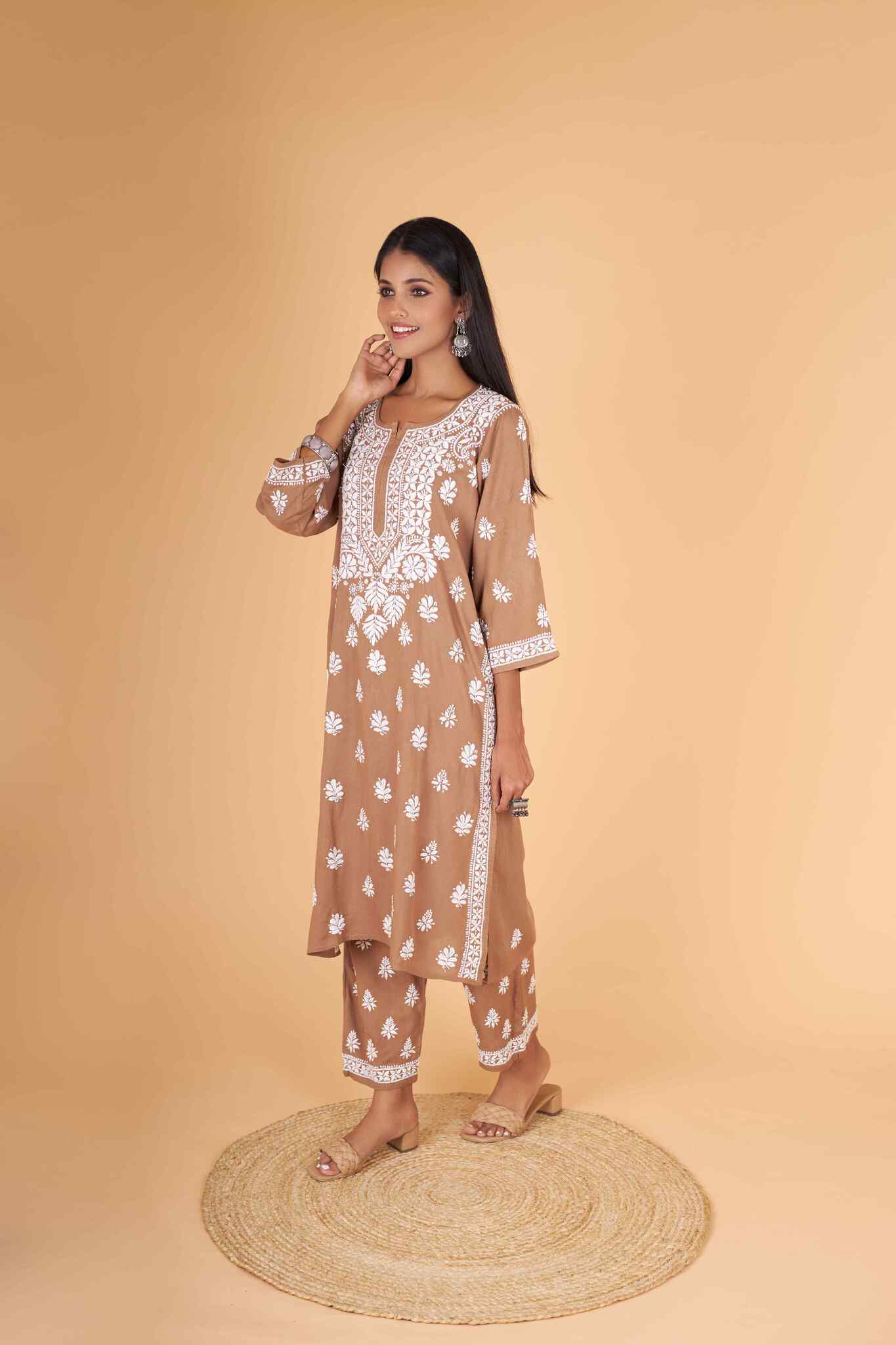 Arsh Handcrafted Kurti And Plazzo 2 pc Chikankari Set in Brown Colour - arshchikan