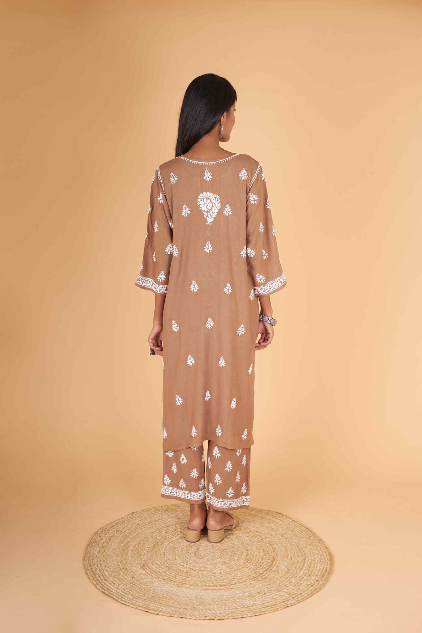 Arsh Handcrafted Kurti And Plazzo 2 pc Chikankari Set in Brown Colour - arshchikan