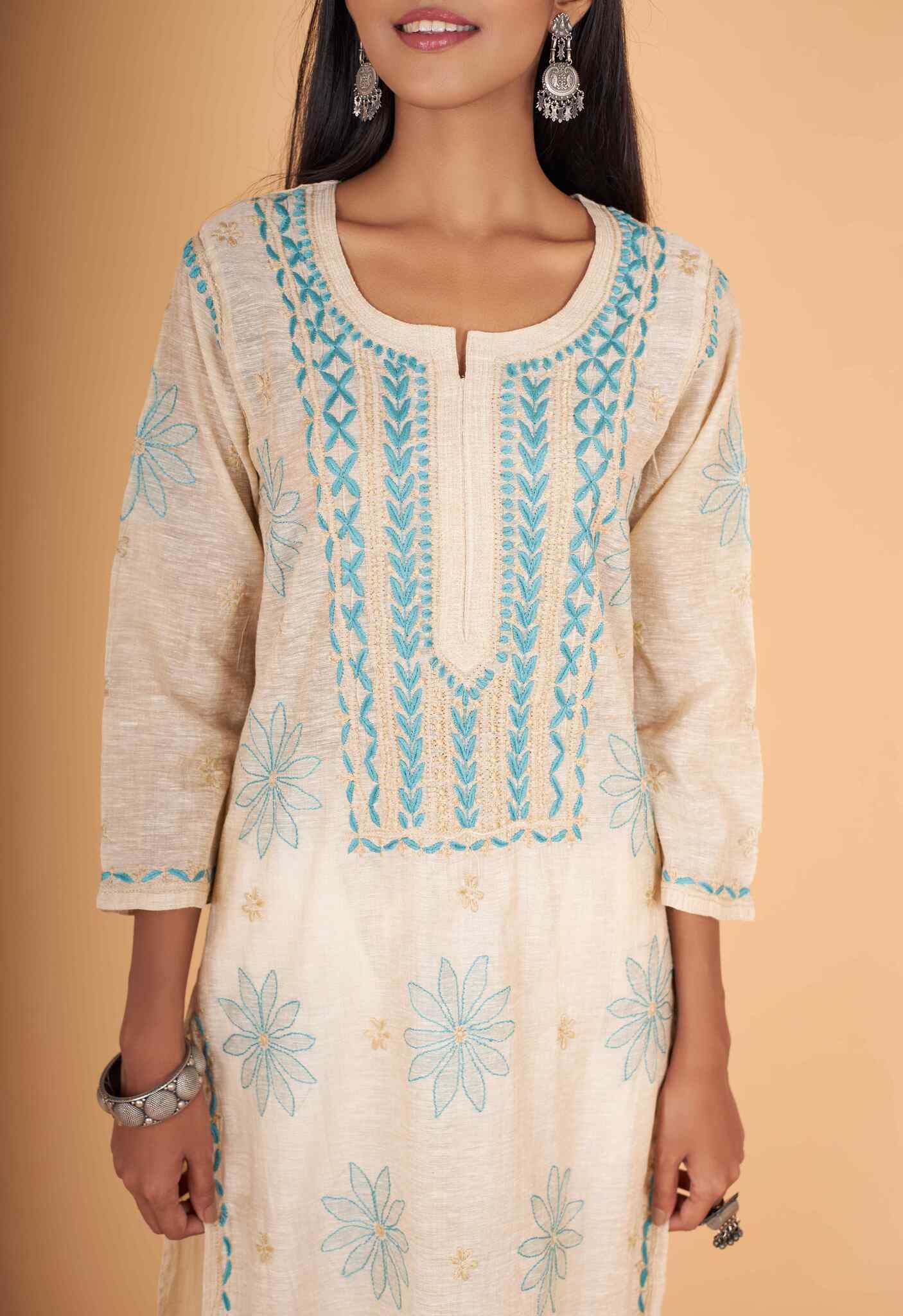 Arsh Handcrafted Gala Boota Khadi Cotton Kurti - arshchikan