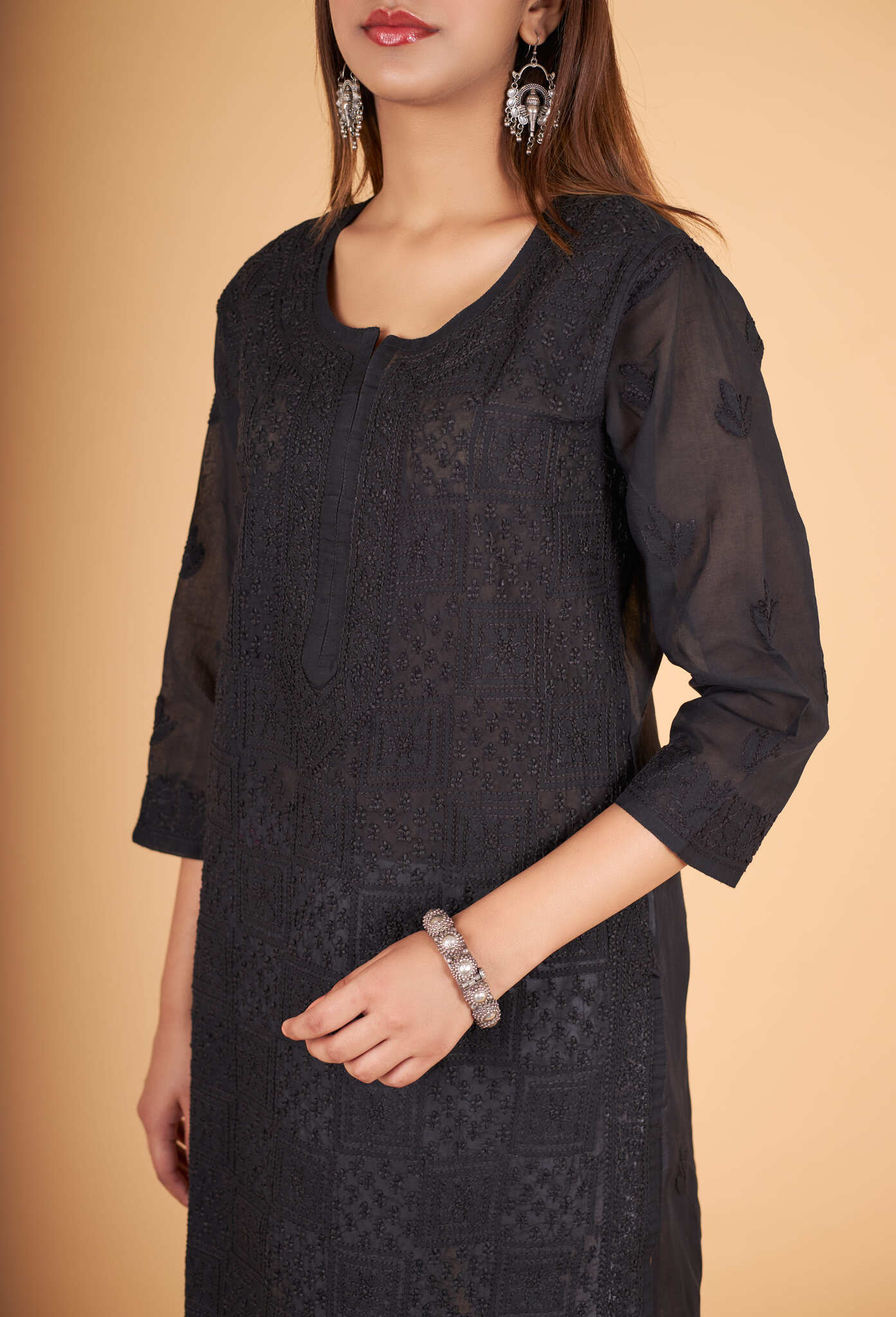 Arsh Handcrafted Black Front Jaal Pure Cotton Kurti - arshchikan