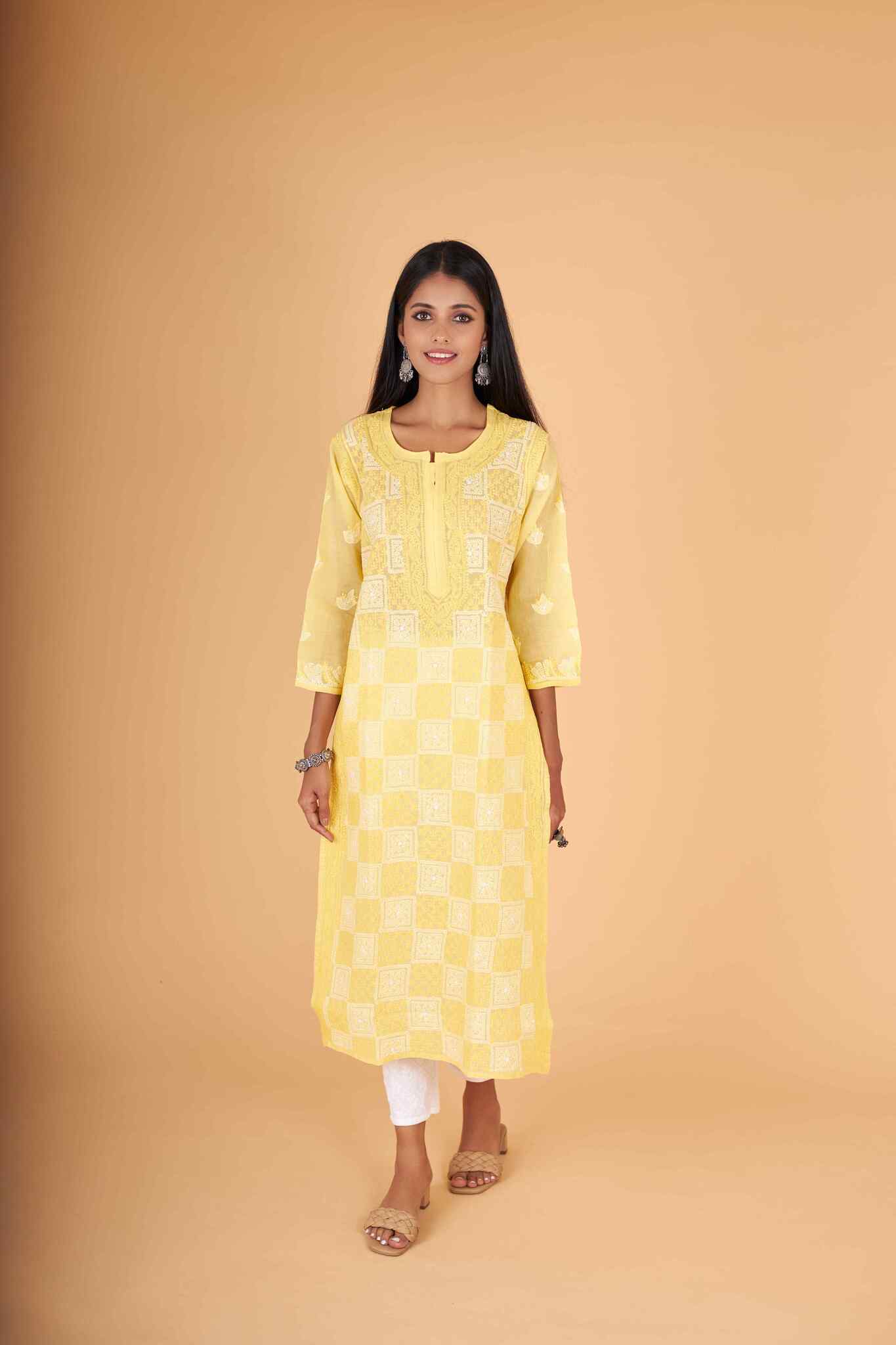 Arsh Handcrafted Yellow Front Jaal Pure Cotton Kurti - arshchikan
