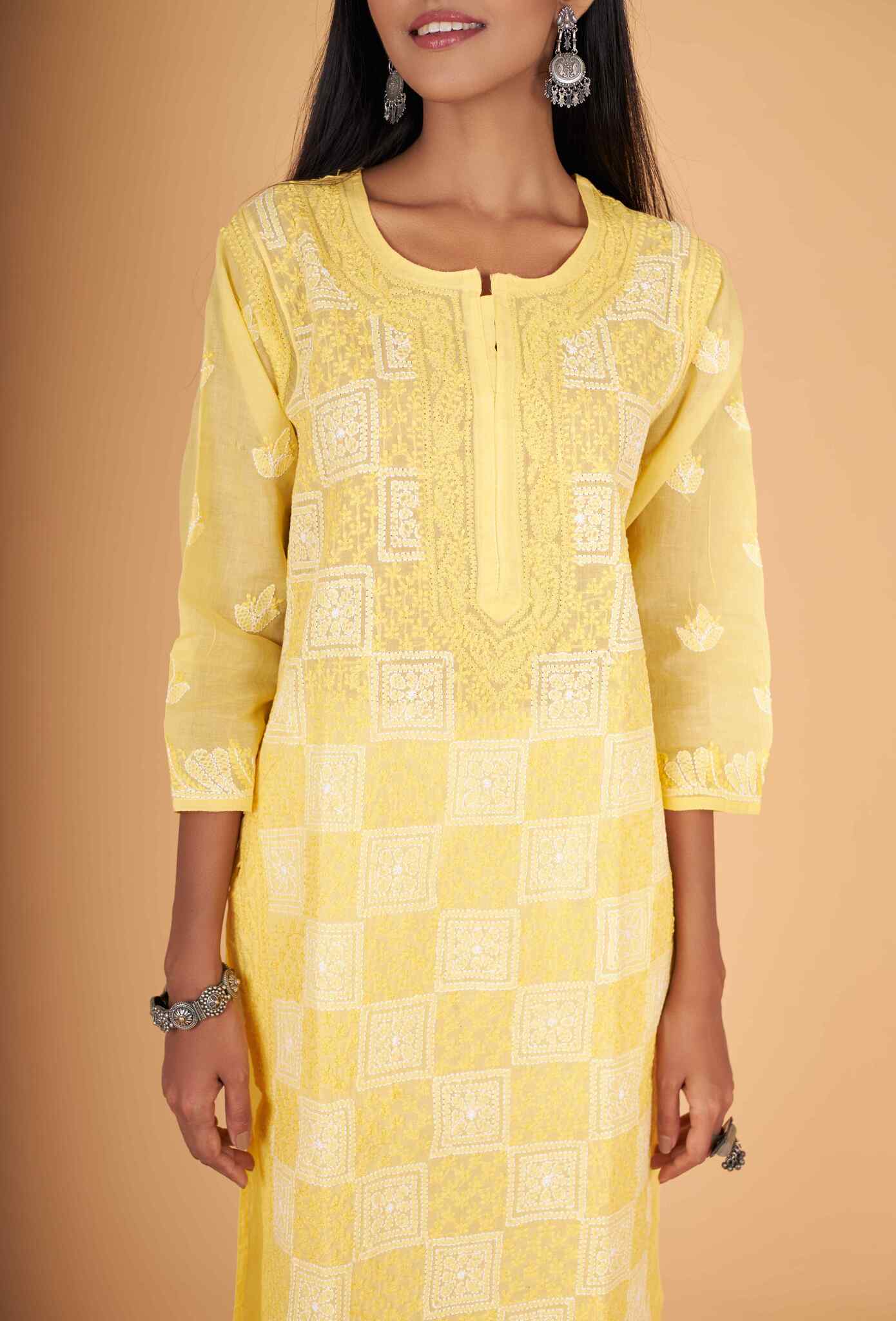 Arsh Handcrafted Yellow Front Jaal Pure Cotton Kurti - arshchikan