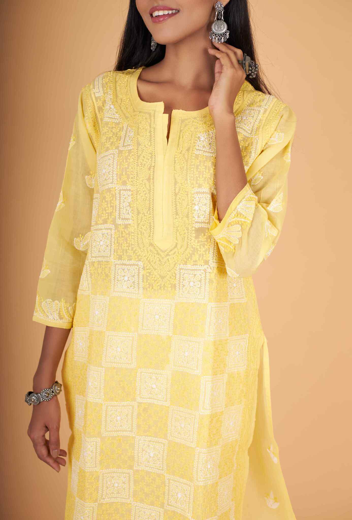 Arsh Handcrafted Yellow Front Jaal Pure Cotton Kurti - arshchikan