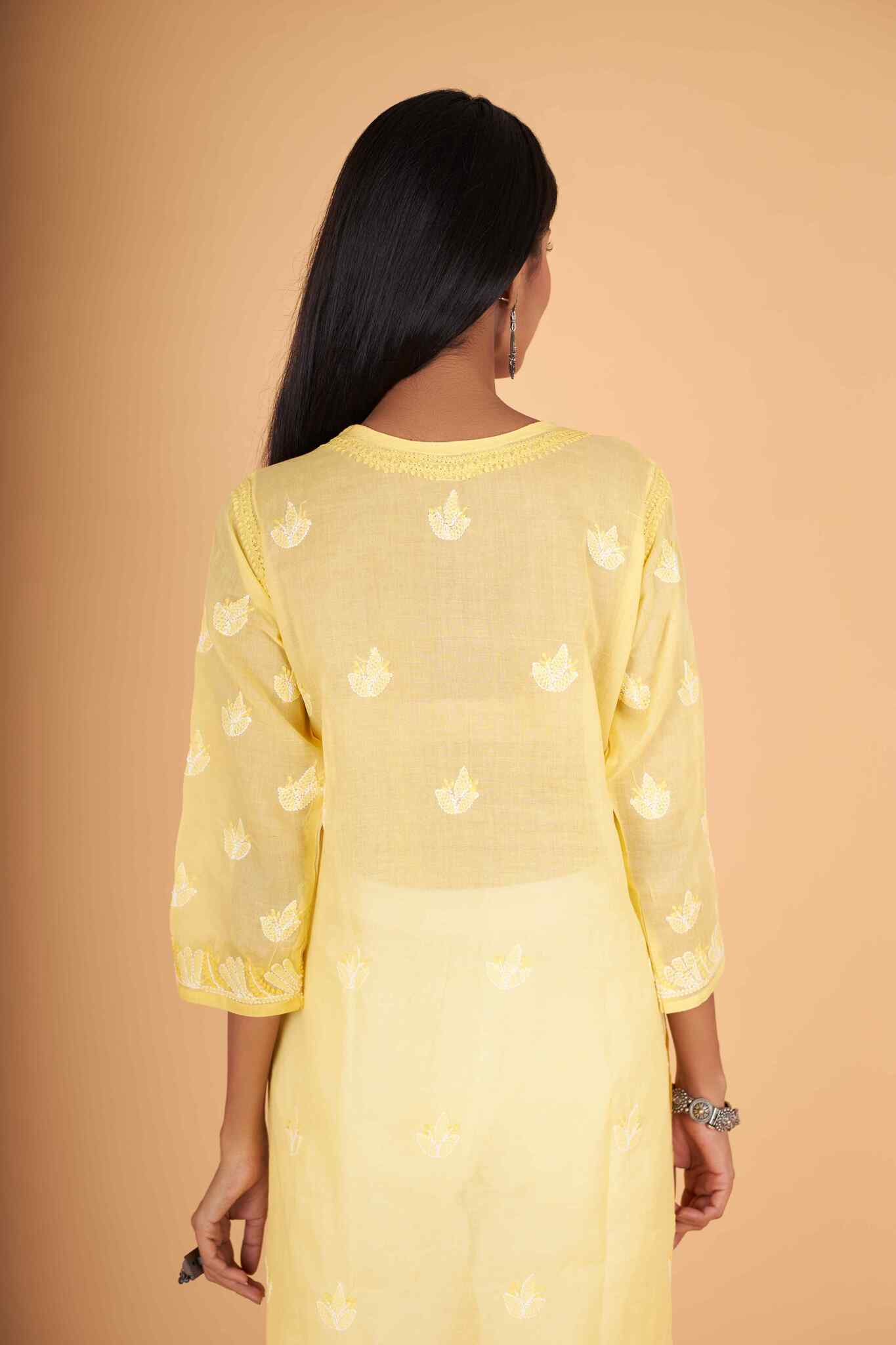 Arsh Handcrafted Yellow Front Jaal Pure Cotton Kurti - arshchikan