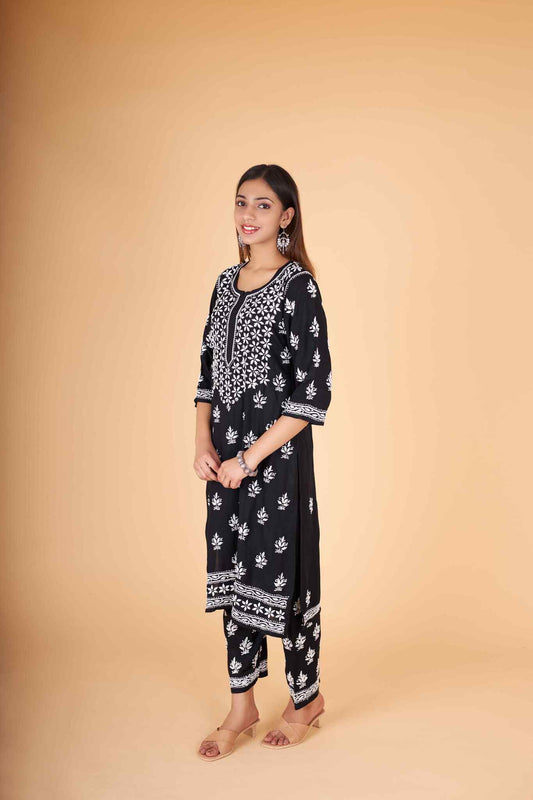 Arsh Handcrafted Kurti And Plazzo 2 pc Chikankari Set in Black Colour - arshchikan