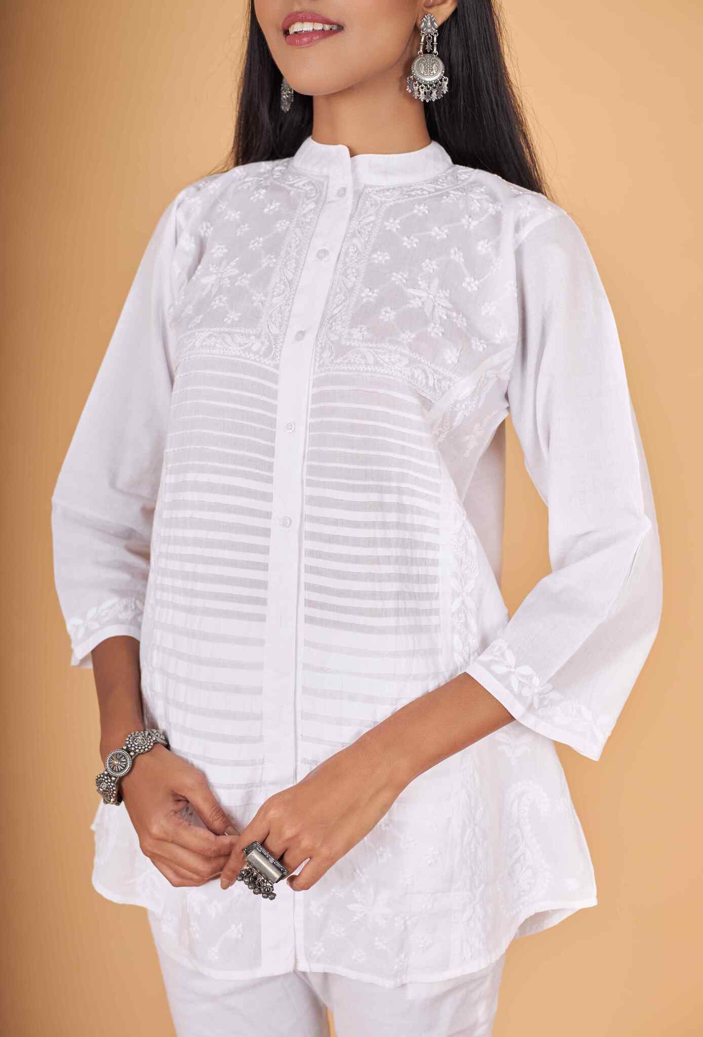 Arsh Handcrafted Pure Cotton Pintucks Stitch Chikan Shirt - arshchikan